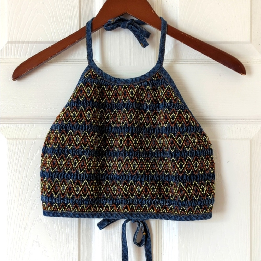 Express Bleus 90's Vintage Zip Zag Knit Smocked Chambray Halter Crop Top Blue S